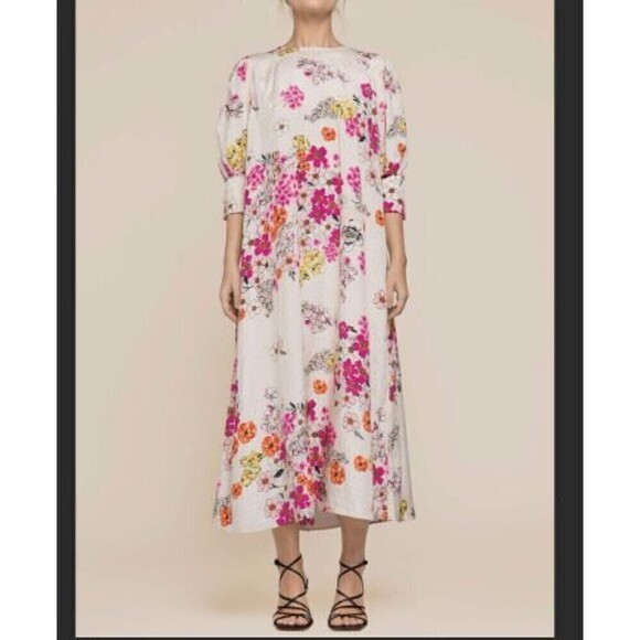 By TiMo NWT Pink Floral Diamond Print Cherish 3/4 Puff Sleeve Midi XL Dress